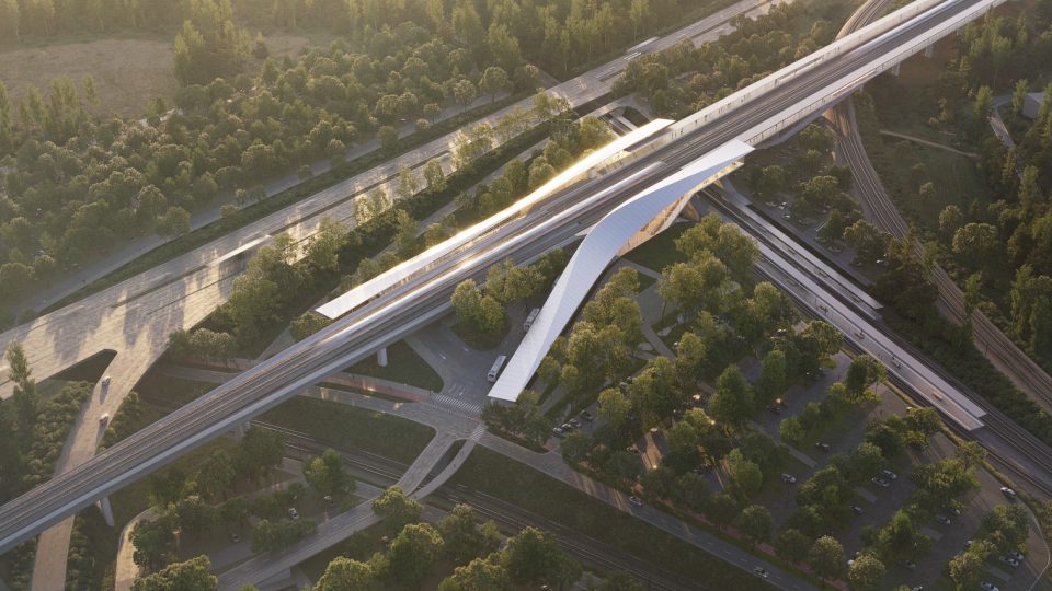 Vizualizace vítězného návrhu terminálu vysokorychlostní trati v Jihlavě Pávově