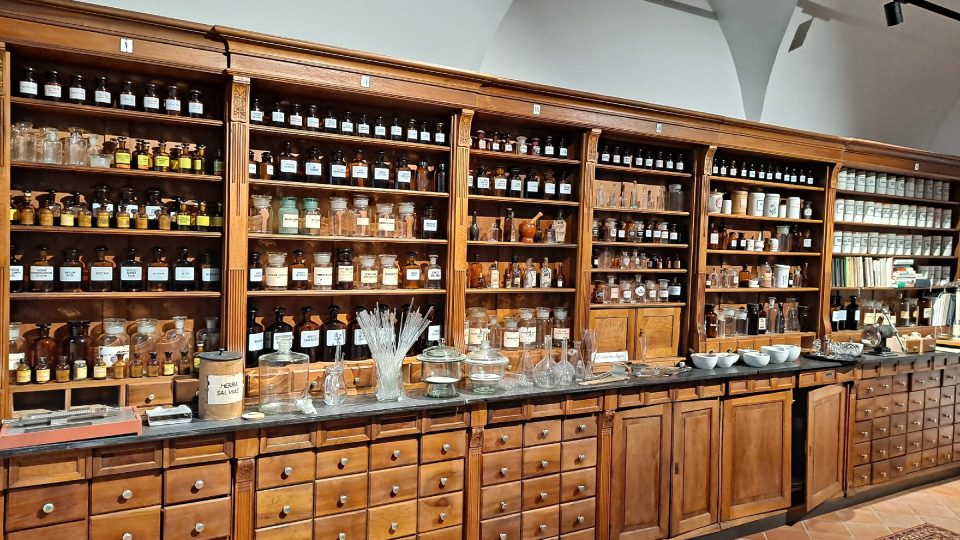 Všechny exponáty v lékárně jsou dary od návštěvníků. Od stroje na výrobu čípků přes nejrůznější lékovky, pipety a lahvičky až po různé typy vah