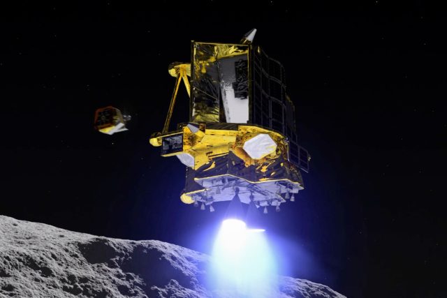 Přistání japonského modulu SLIM na Měsíci v představě výtvarníka. Ve skutečnosti proběhlo trochu jinak | foto: JAXA,  CC0 1.0